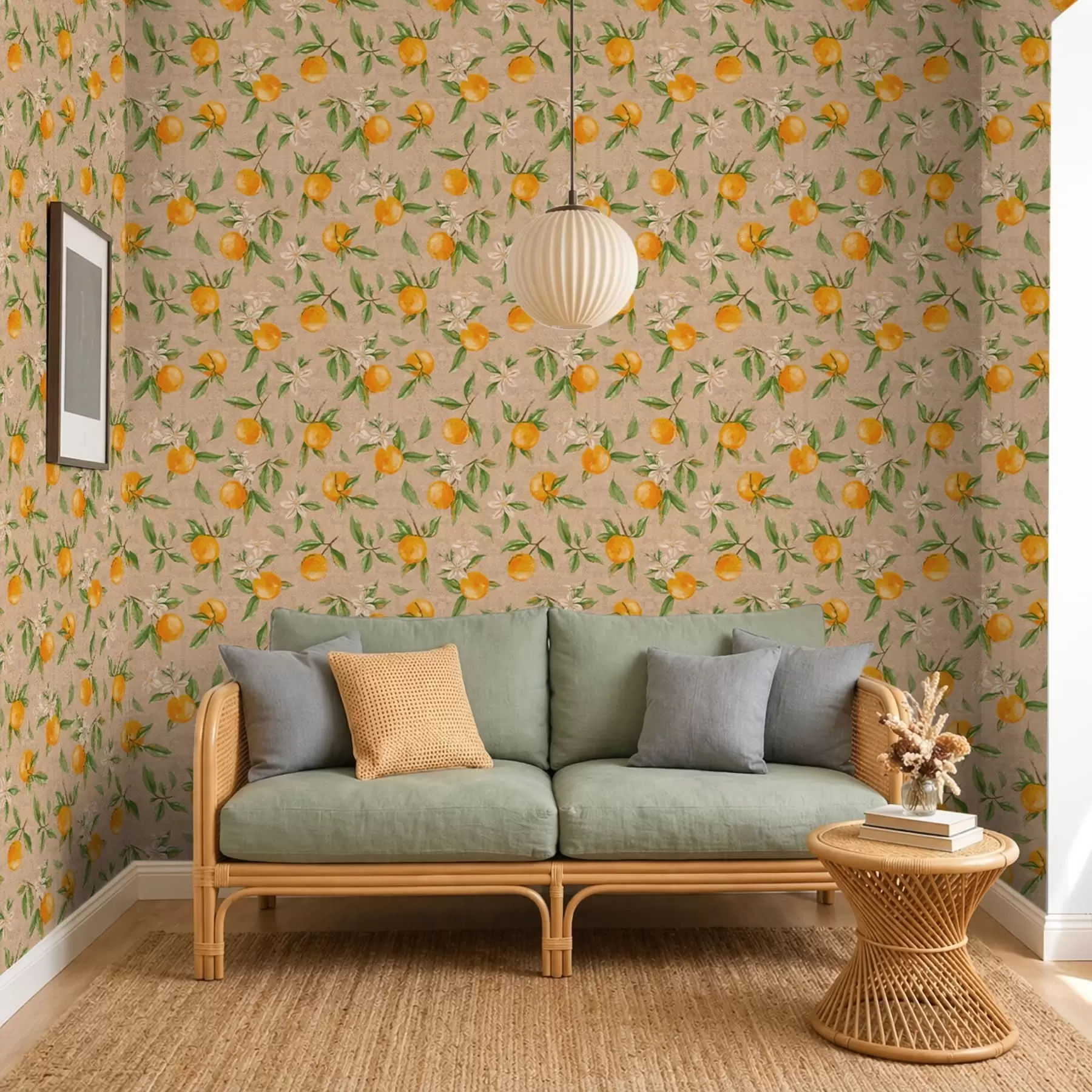 Fotobehang Sinaasappels, groene bladeren en witte bloemen a01264