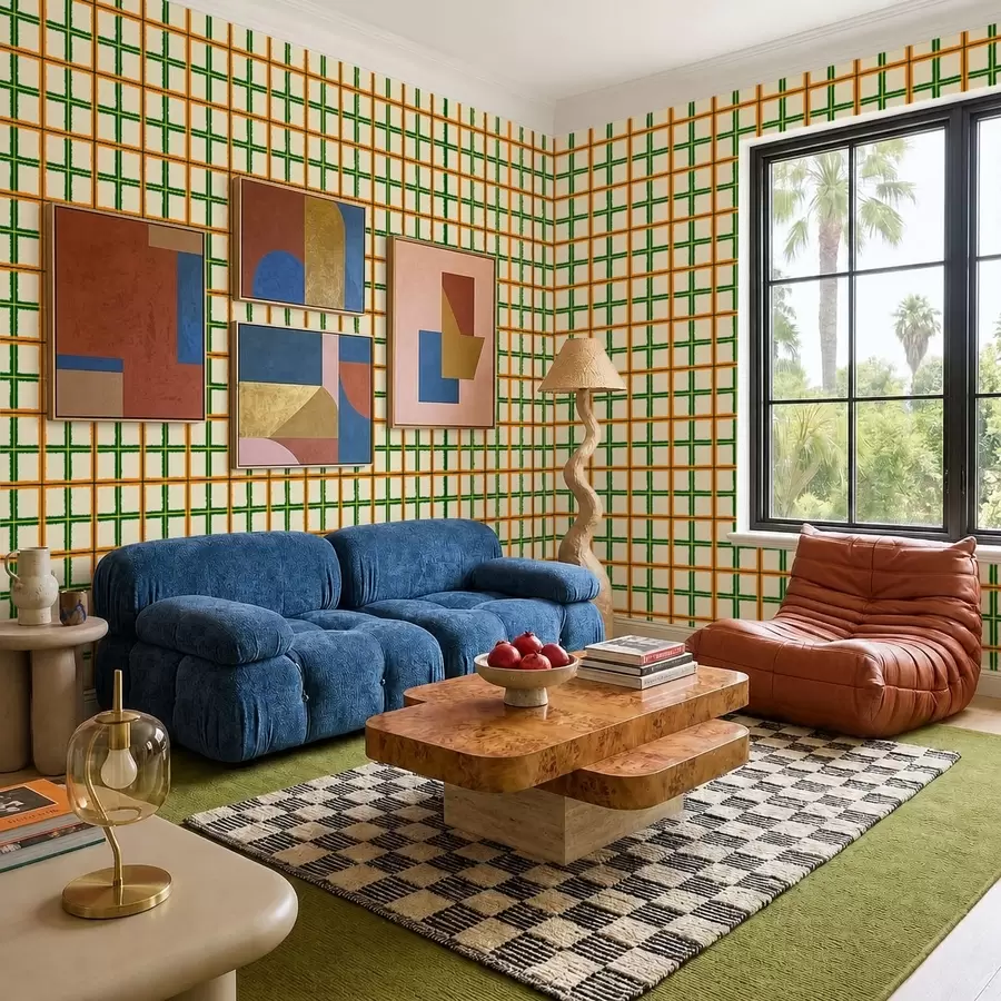 Fotobehang Opvallend ruitpatroon met oranje en groene lijnen a01267v3