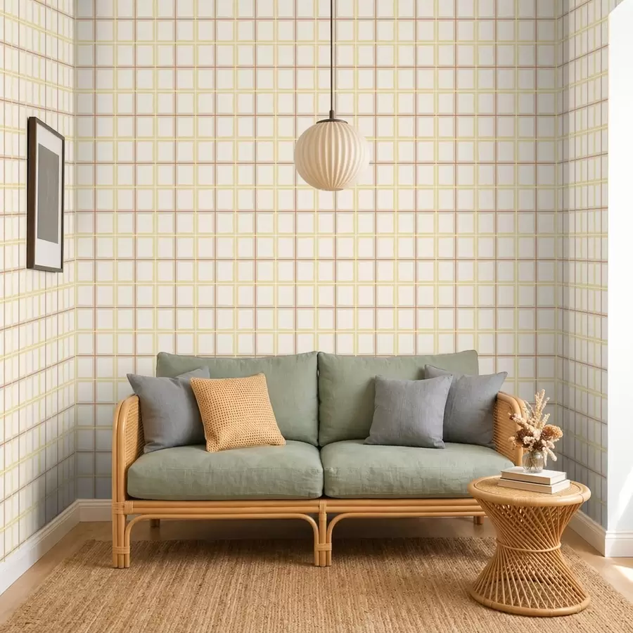 Fotobehang Licht ruitjespatroon met gele en beige lijnen a01267v5