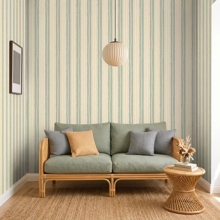 Fotobehang Verticale mintgroene en gele strepen op een lichte achtergrond a01268v5