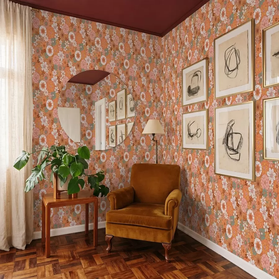 Fotobehang Vrolijk bloemenpatroon in warme oranje tinten a01269v1