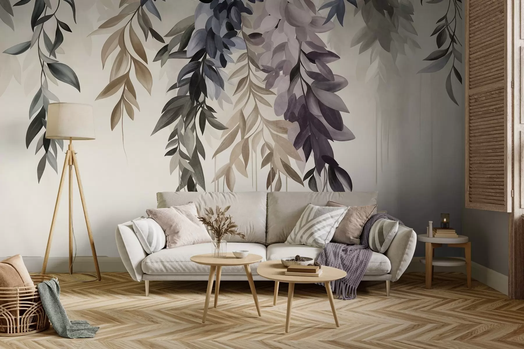 Fotobehang Hangende abstracte bladeren in tinten paars, blauw en beige, met lange, dunne stelen w10057