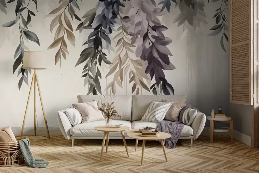 Fotobehang Hangende abstracte bladeren in tinten paars, blauw en beige, met lange, dunne stelen w10057