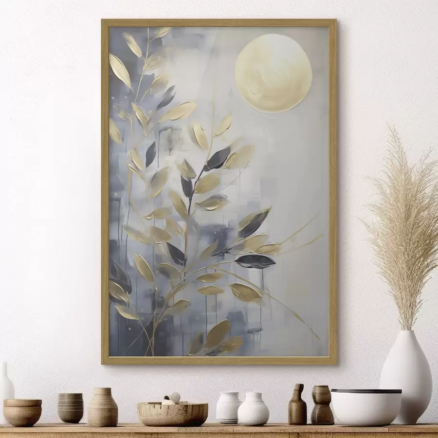 Fotobehang Abstracte takken met bladeren, imitatie van een schilderij f50842