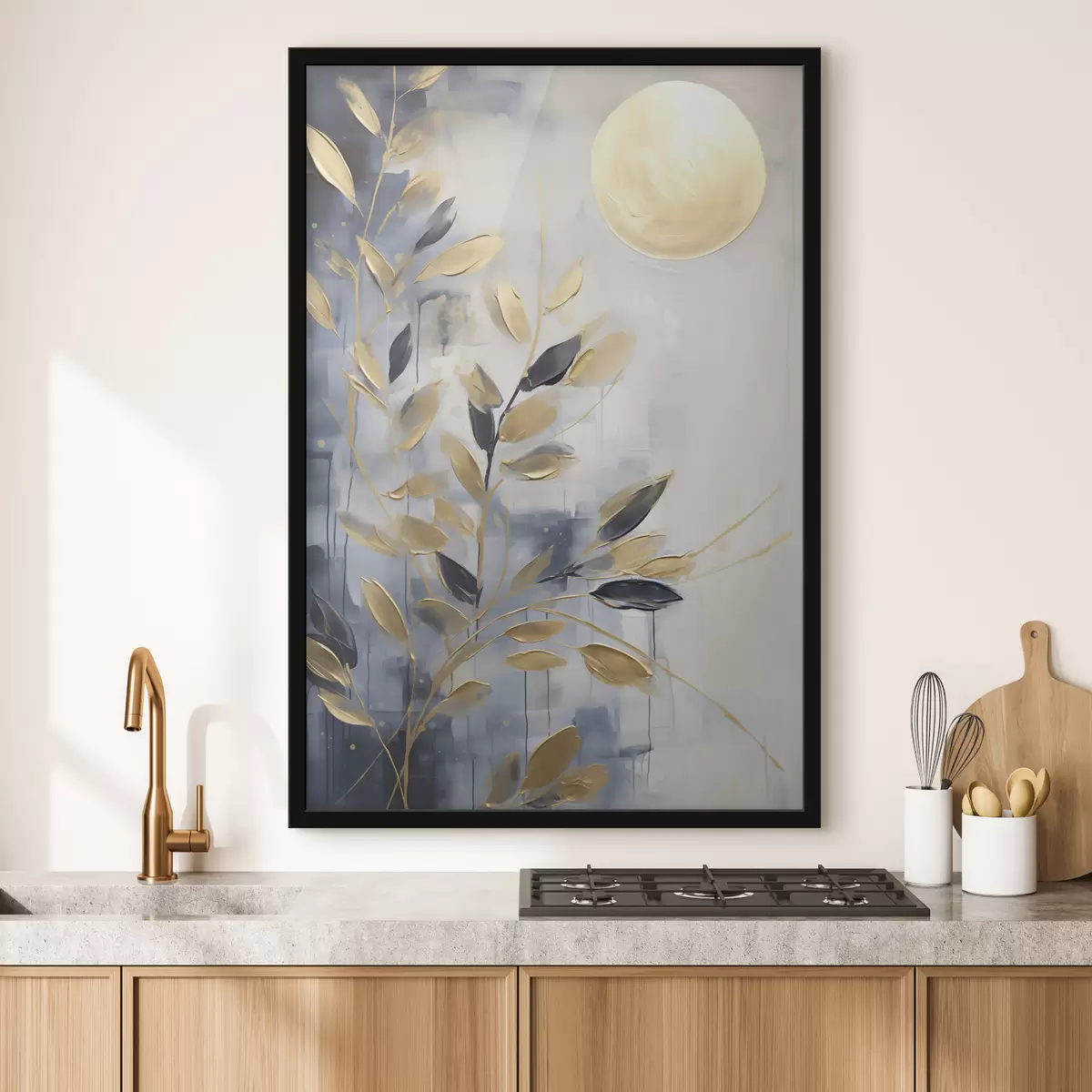 Poster Abstracte takken met bladeren, imitatie van een schilderij f50842
