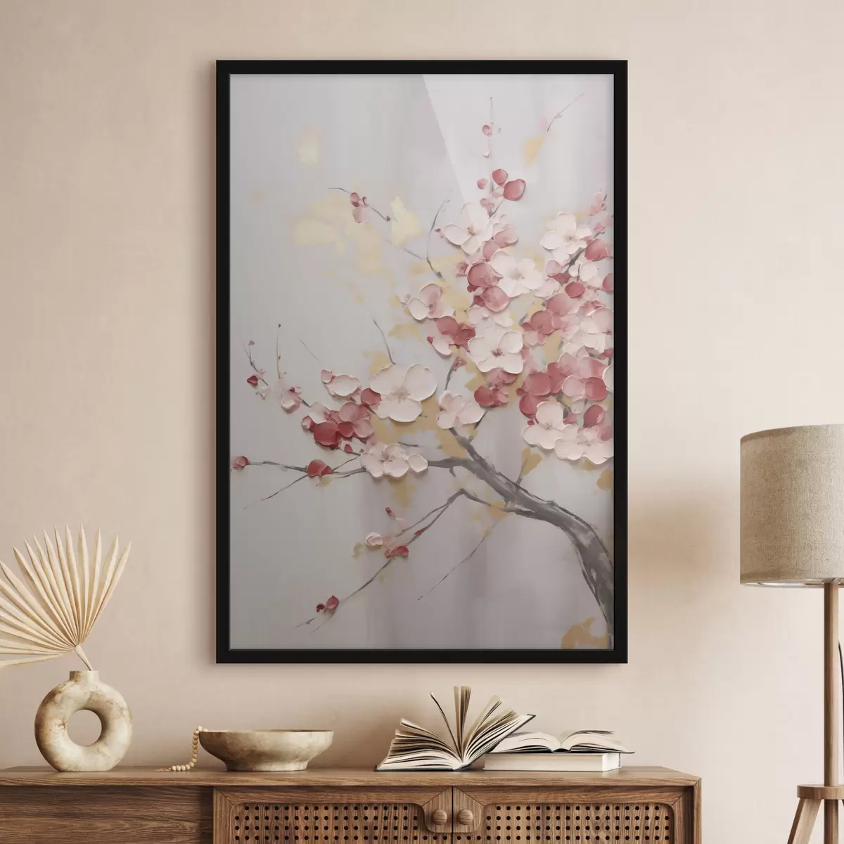 Poster Abstracte bloemen op een tak, in de stijl van een imitatieschilderij f50843