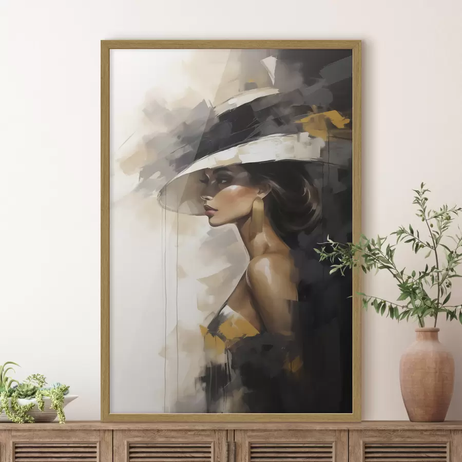 Fotobehang Abstracte jonge vrouw met een hoed, geïnspireerd op een schilderij f50845