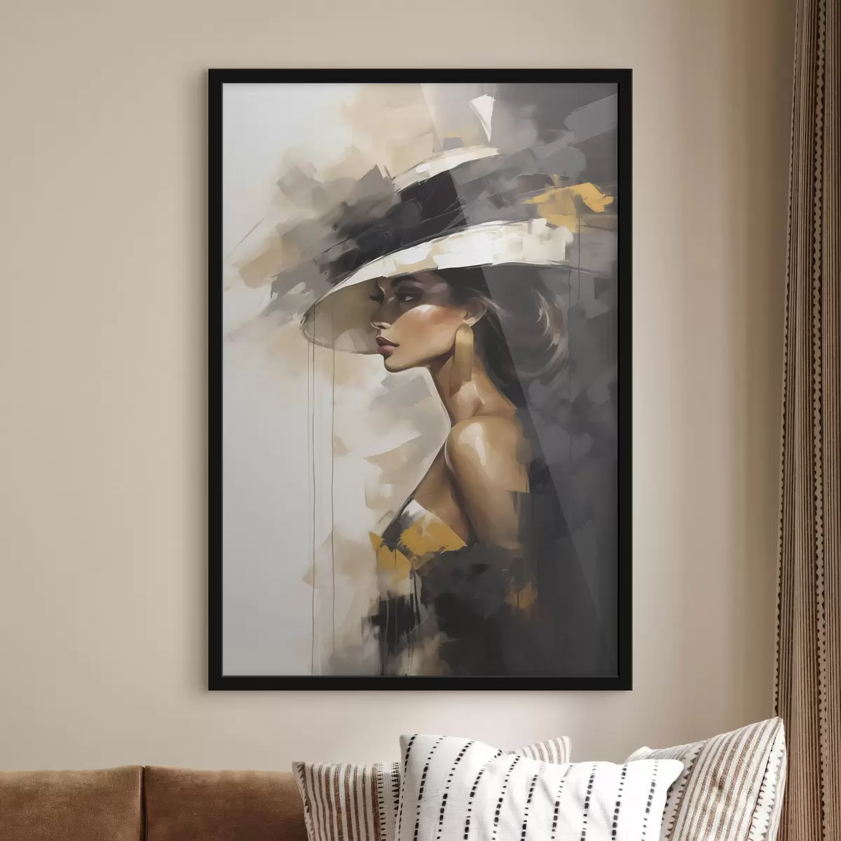 Poster Abstracte jonge vrouw met een hoed, geïnspireerd op een schilderij f50845