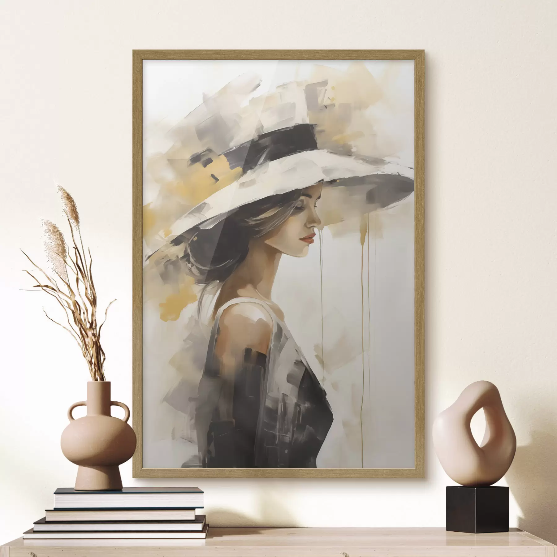 Fotobehang Jonge vrouw met een hoed, imitatie-schilderij f50846