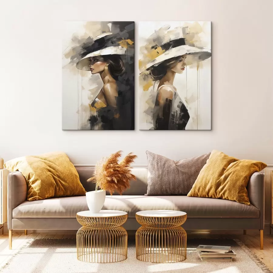  Schilderijen Abstracte jonge vrouw met een hoed, geïnspireerd op een schilderij m31026