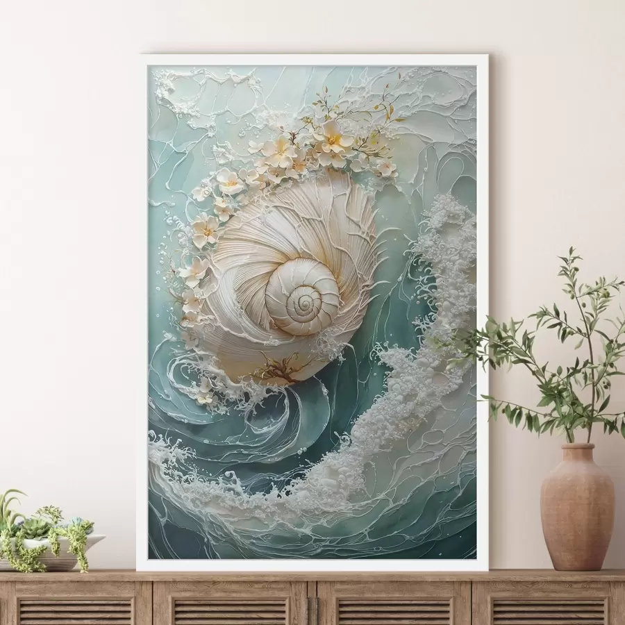 Fotobehang Parelmoerschelp in zeegolfmotief f50741