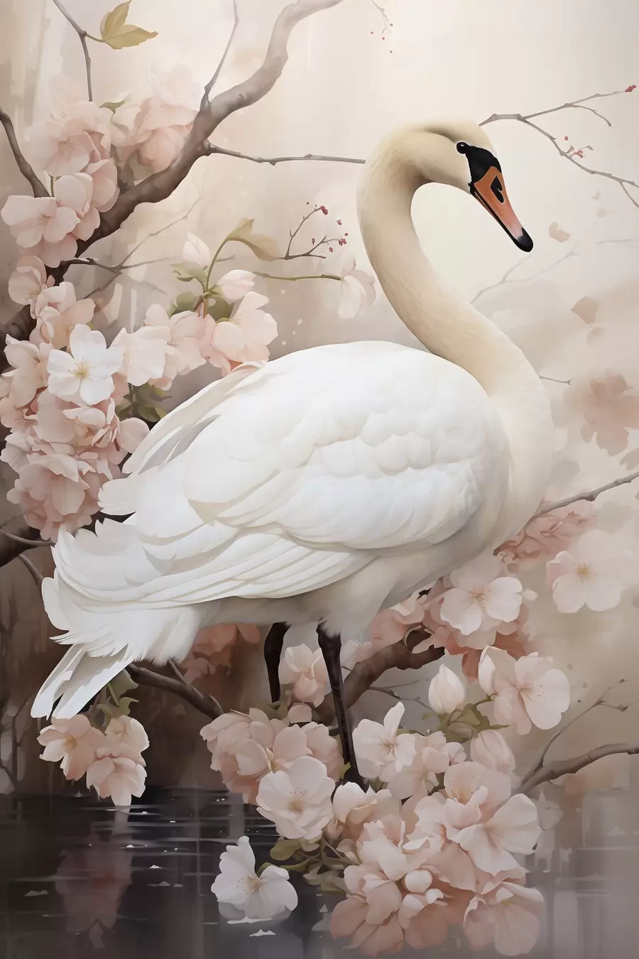 Fotobehang Witte zwaan in een bloeiende tuin f50743
