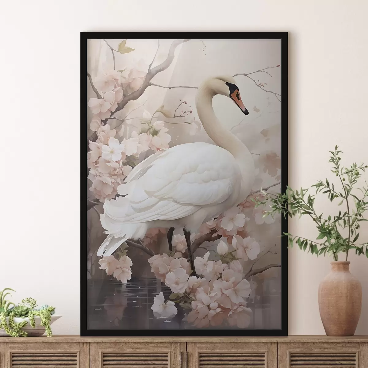 Poster Witte zwaan in een bloeiende tuin f50743