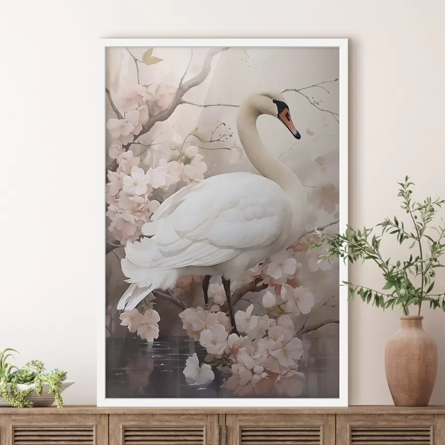 Fotobehang Witte zwaan in een bloeiende tuin f50743