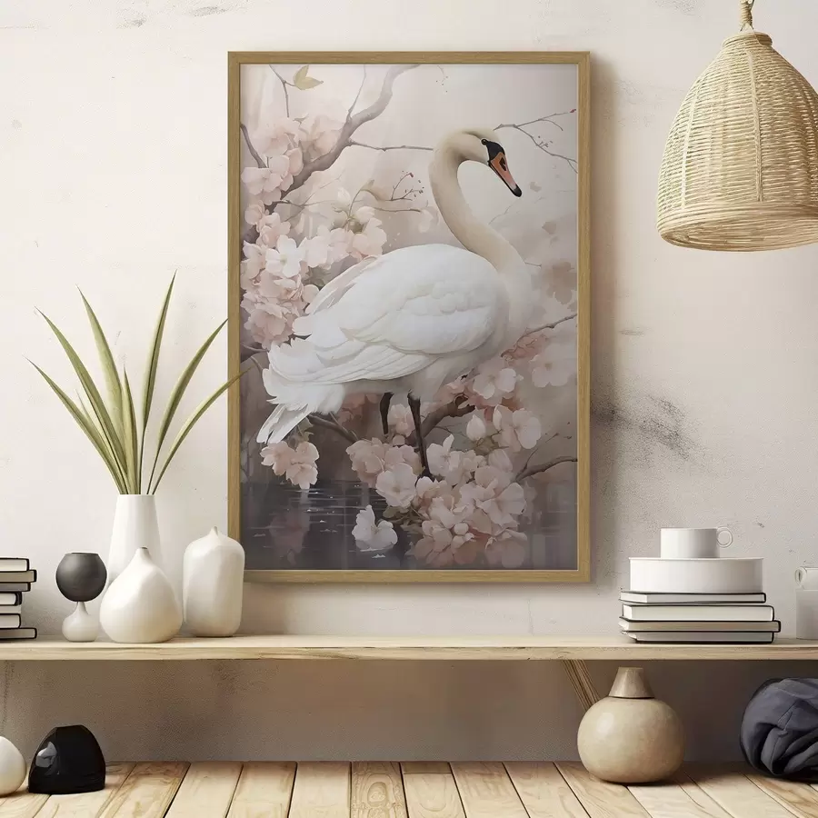 Fotobehang Witte zwaan in een bloeiende tuin f50743