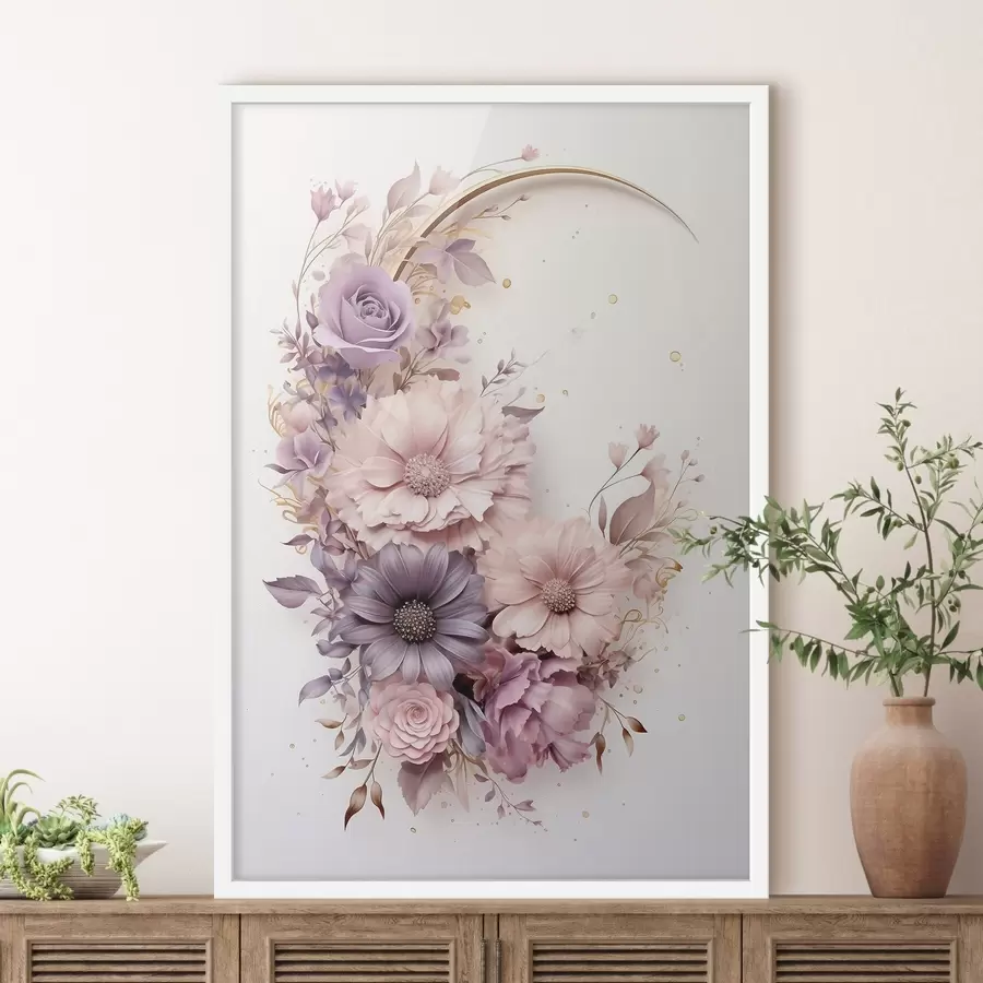 Fotobehang Paarse halve maan met pioenrozen f50760