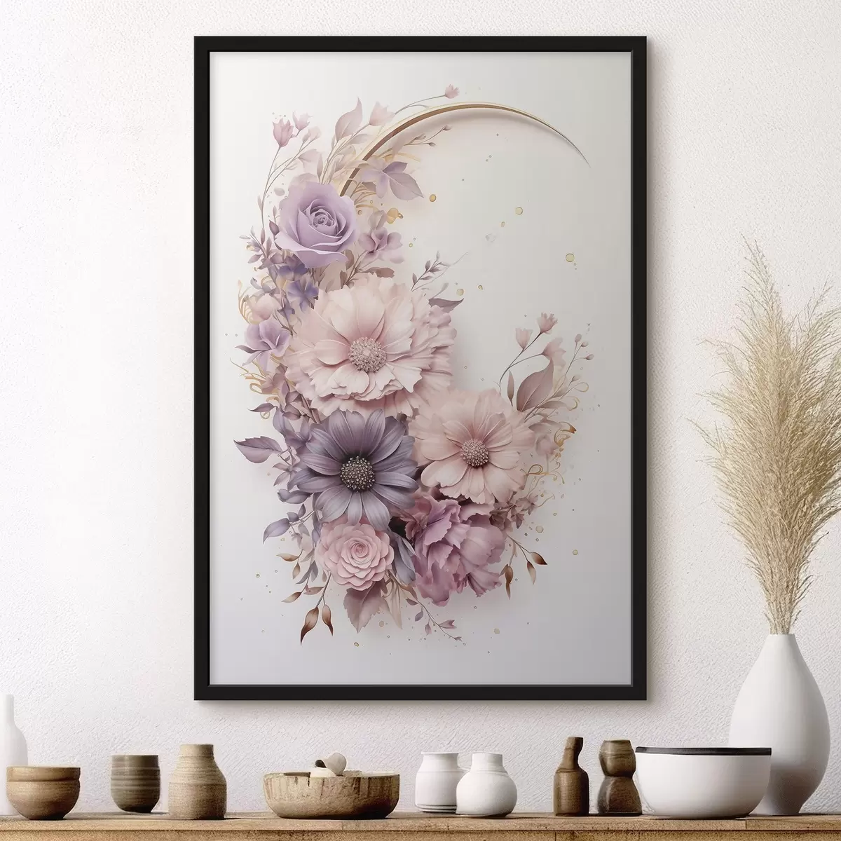 Poster Paarse halve maan met pioenrozen f50760