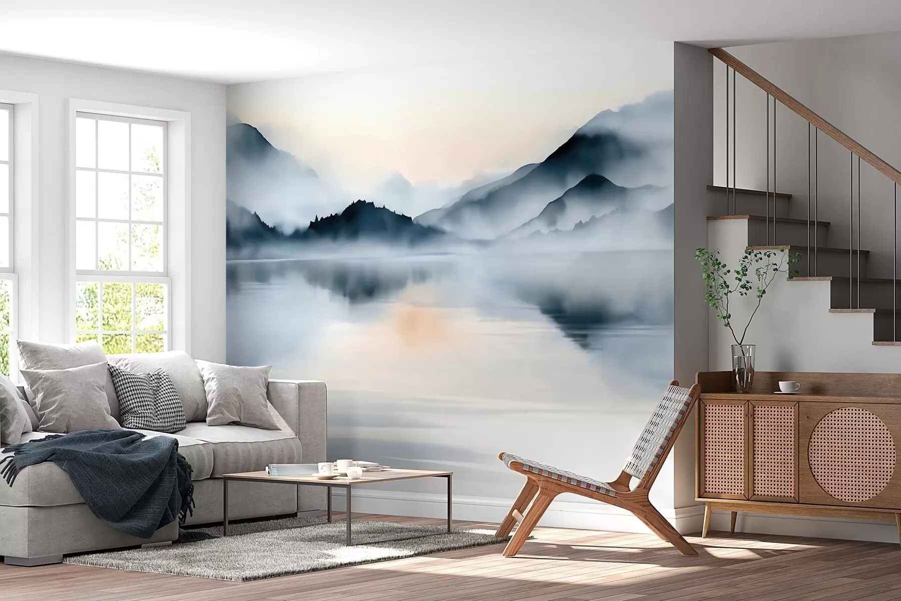Fotobehang Een meer tegen een achtergrond van mistige bergen, in aquarelstijl w10078