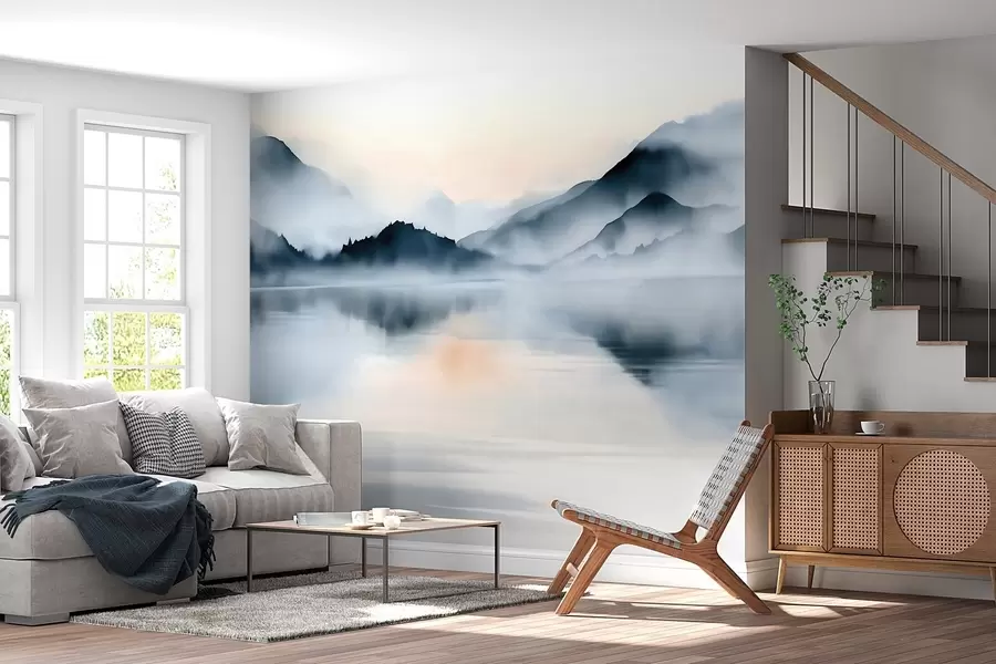 Fotobehang Een meer tegen een achtergrond van mistige bergen, in aquarelstijl w10078