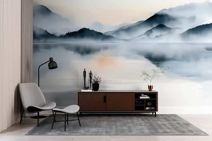 Fotobehang Een meer tegen een achtergrond van mistige bergen, in aquarelstijl w10078