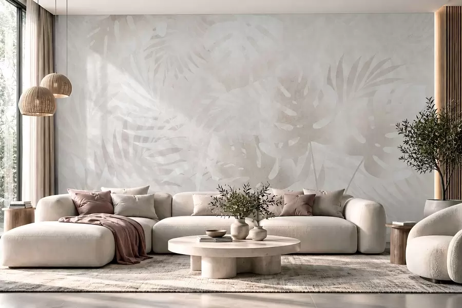 Fotobehang Tropische bladeren met een grunge-effect in poederachtige beige tinten w10080