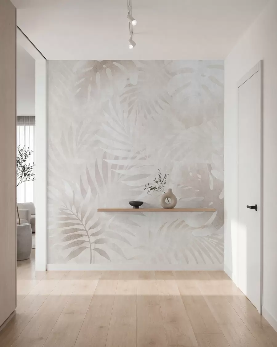Fotobehang Tropische bladeren met een grunge-effect in poederachtige beige tinten w10080