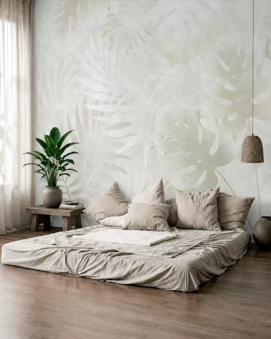 Fotobehang Tropische bladeren met een grunge-effect in neutrale beige tinten w10080v1