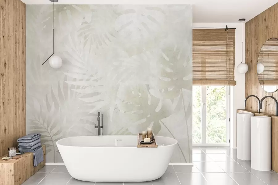 Fotobehang Tropische bladeren met een grunge-effect in neutrale beige tinten w10080v1