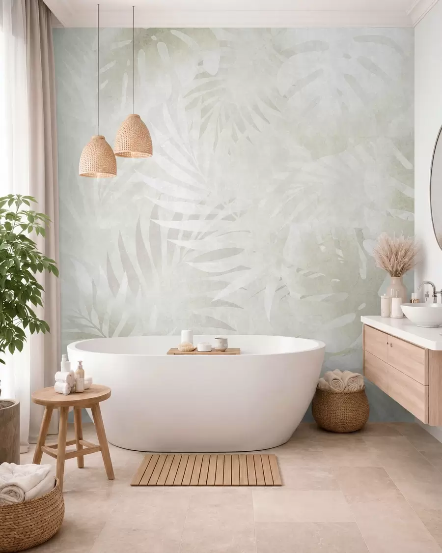 Fotobehang Tropische bladeren met een grunge-effect in neutrale beige tinten w10080v1