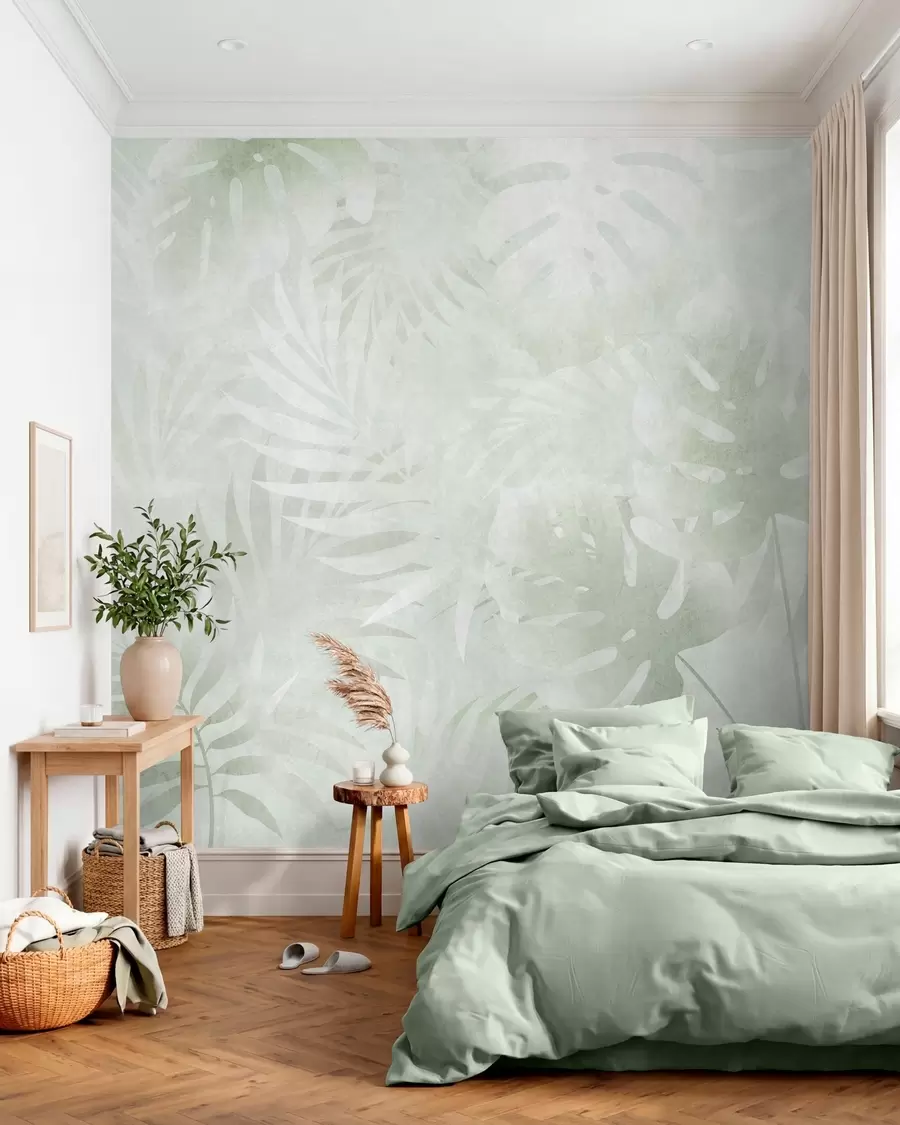 Fotobehang Tropische bladeren met een grunge-effect in groene tinten w10080v2