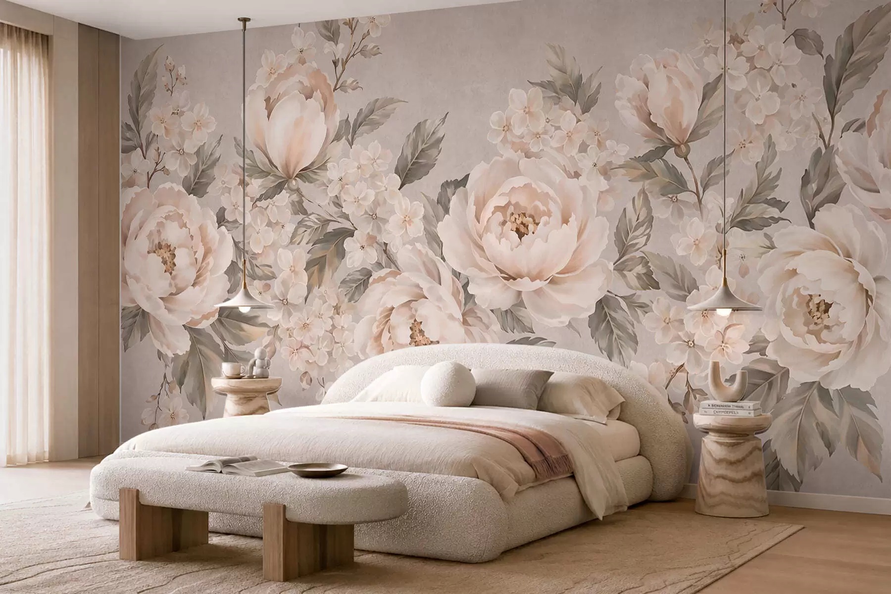 Fotobehang Fijne crèmekleurige bloemen en groene blaadjes in pasteltinten w05926