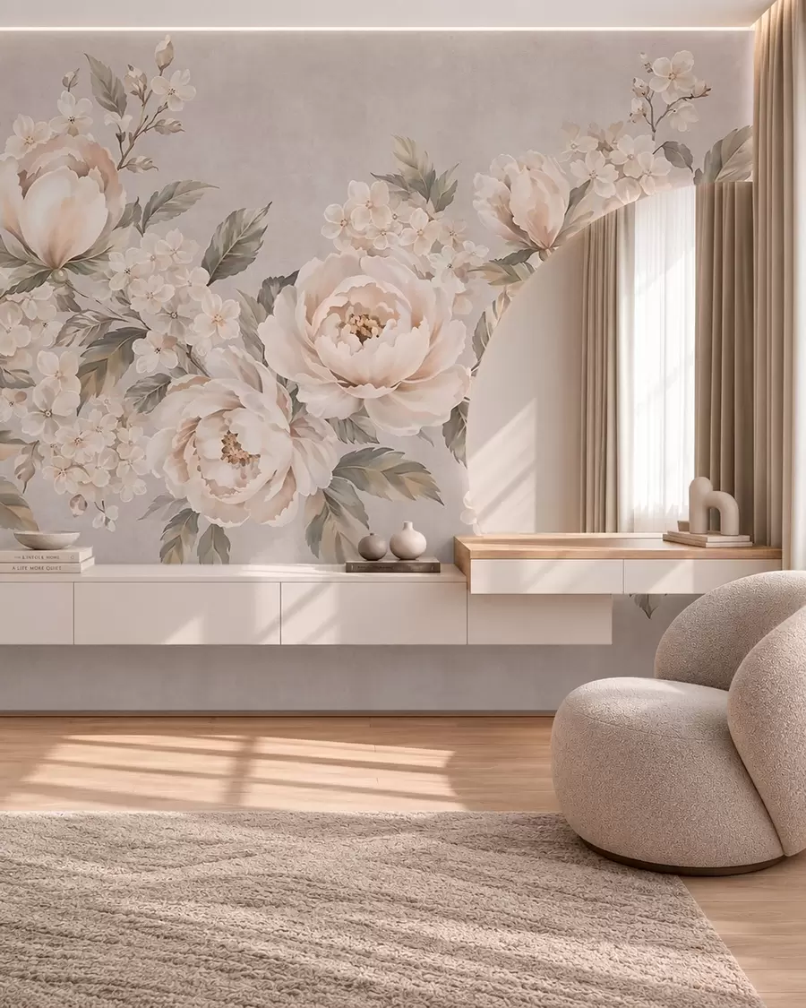Fotobehang Fijne crèmekleurige bloemen en groene blaadjes in pasteltinten w05926
