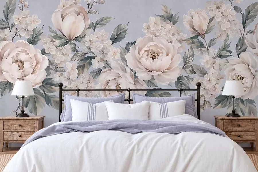 Fotobehang Fijne, bleke bloemen met bladeren tegen een blauwe achtergrond w05926v1