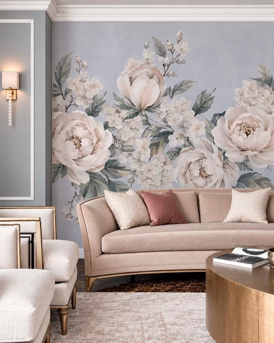Fotobehang Fijne, bleke bloemen met bladeren tegen een blauwe achtergrond w05926v1