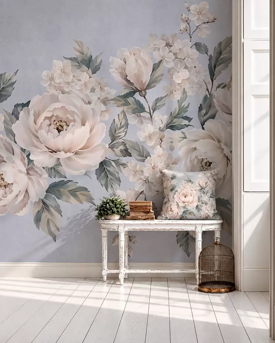 Fotobehang Fijne, bleke bloemen met bladeren tegen een blauwe achtergrond w05926v1