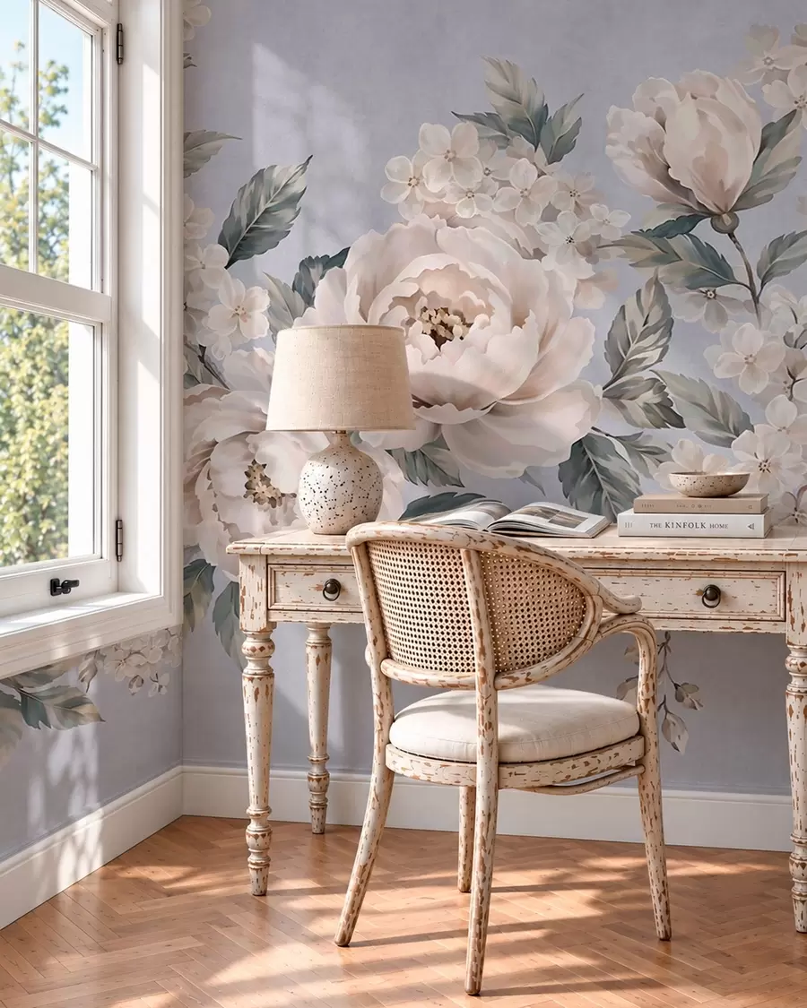 Fotobehang Fijne, bleke bloemen met bladeren tegen een blauwe achtergrond w05926v1