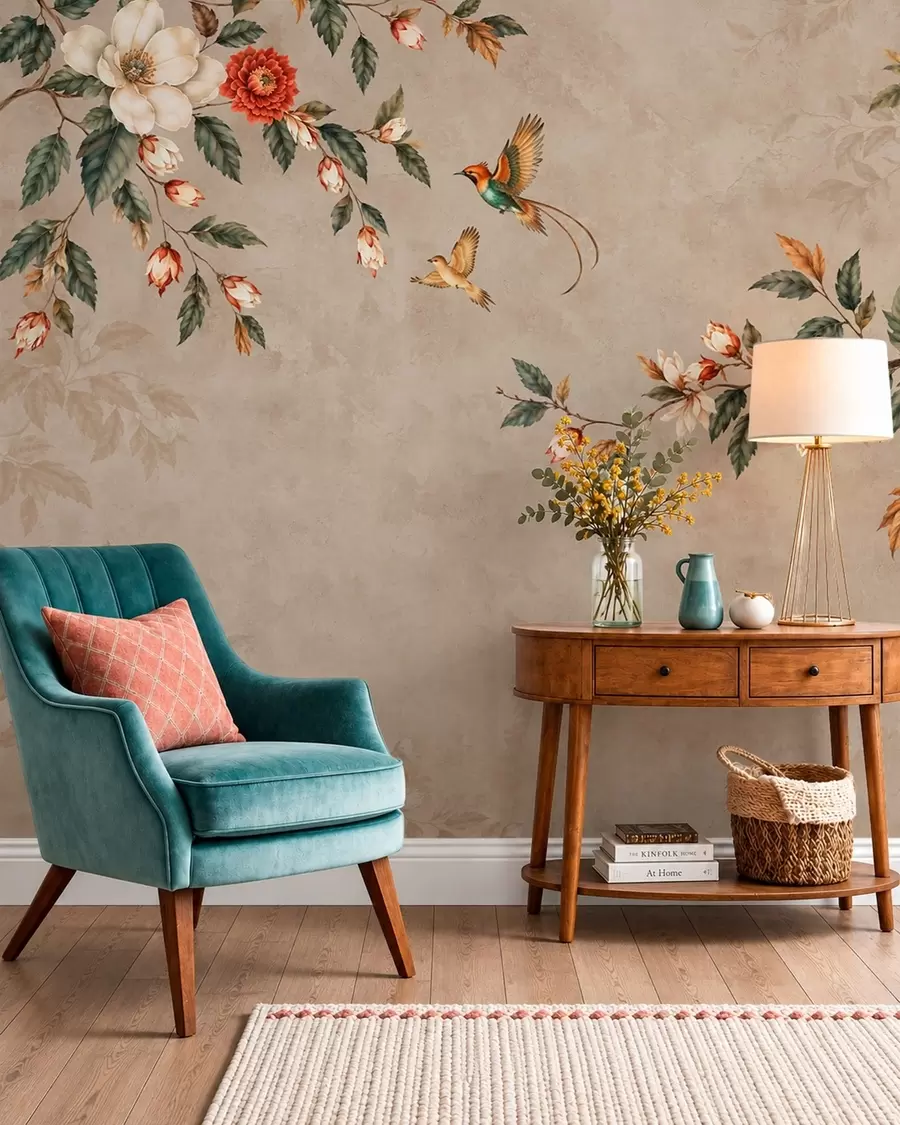 Fotobehang Bloemen, groene bladeren en twee vogels op een lichte achtergrond w05927v1