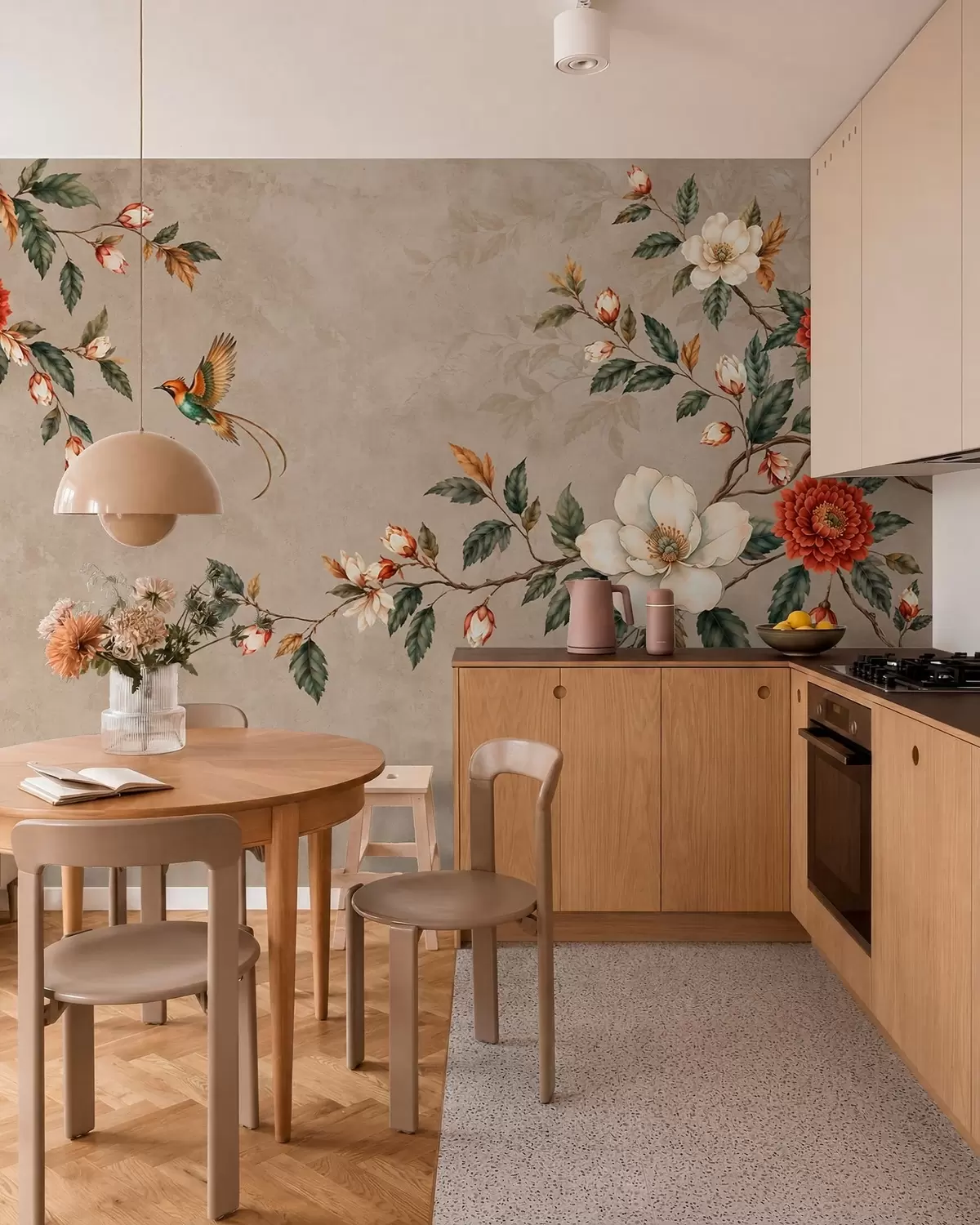 Fotobehang Bloemen, groene bladeren en twee vogels op een lichte achtergrond w05927v1