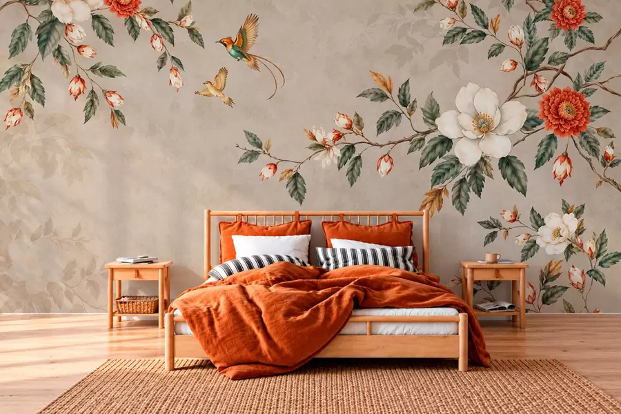 Fotobehang Bloeiende takken en twee vogels op een beige achtergrond w05927v2