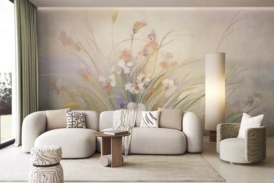 Fotobehang Hoog gras en wilde bloemen in zachte pasteltinten, kunst met textuur w10062