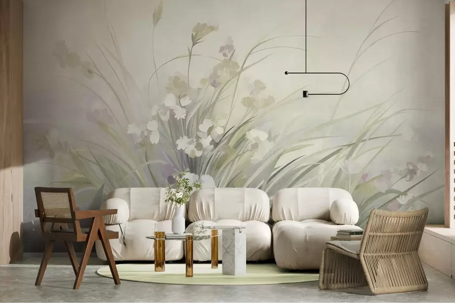 Fotobehang Hoog gras en wilde bloemen in zachte groene tinten, kunst met textuur w10062v1
