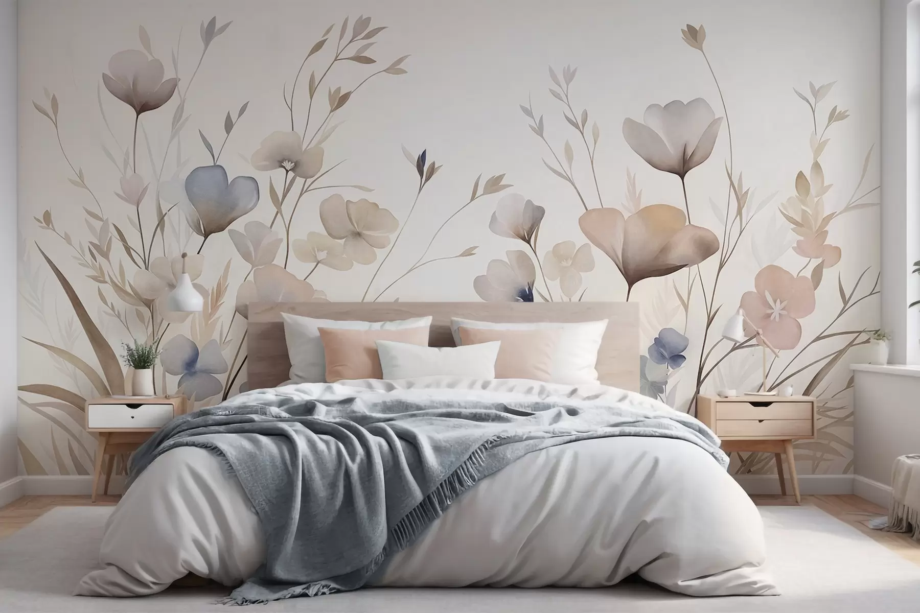 Fotobehang Fijne wilde bloemen in pasteltinten van blauw, roze en beige, met hoog gras w10065