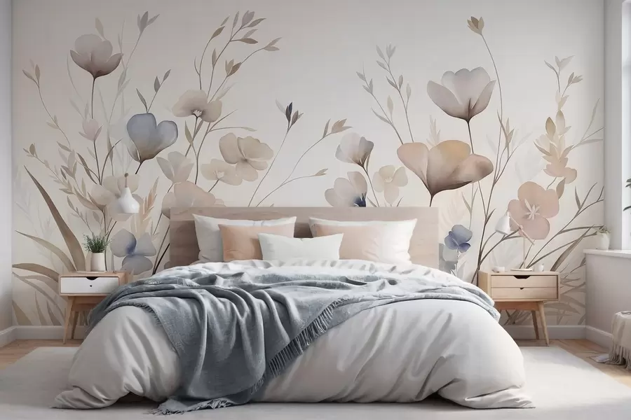 Fotobehang Fijne wilde bloemen in pasteltinten van blauw, roze en beige, met hoog gras w10065