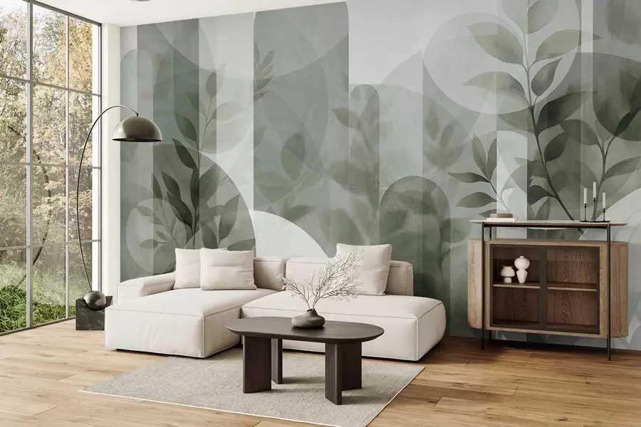 Fotobehang Abstracte geometrische elementen en fijne blaadjes in gedempte groene tinten w10088v1