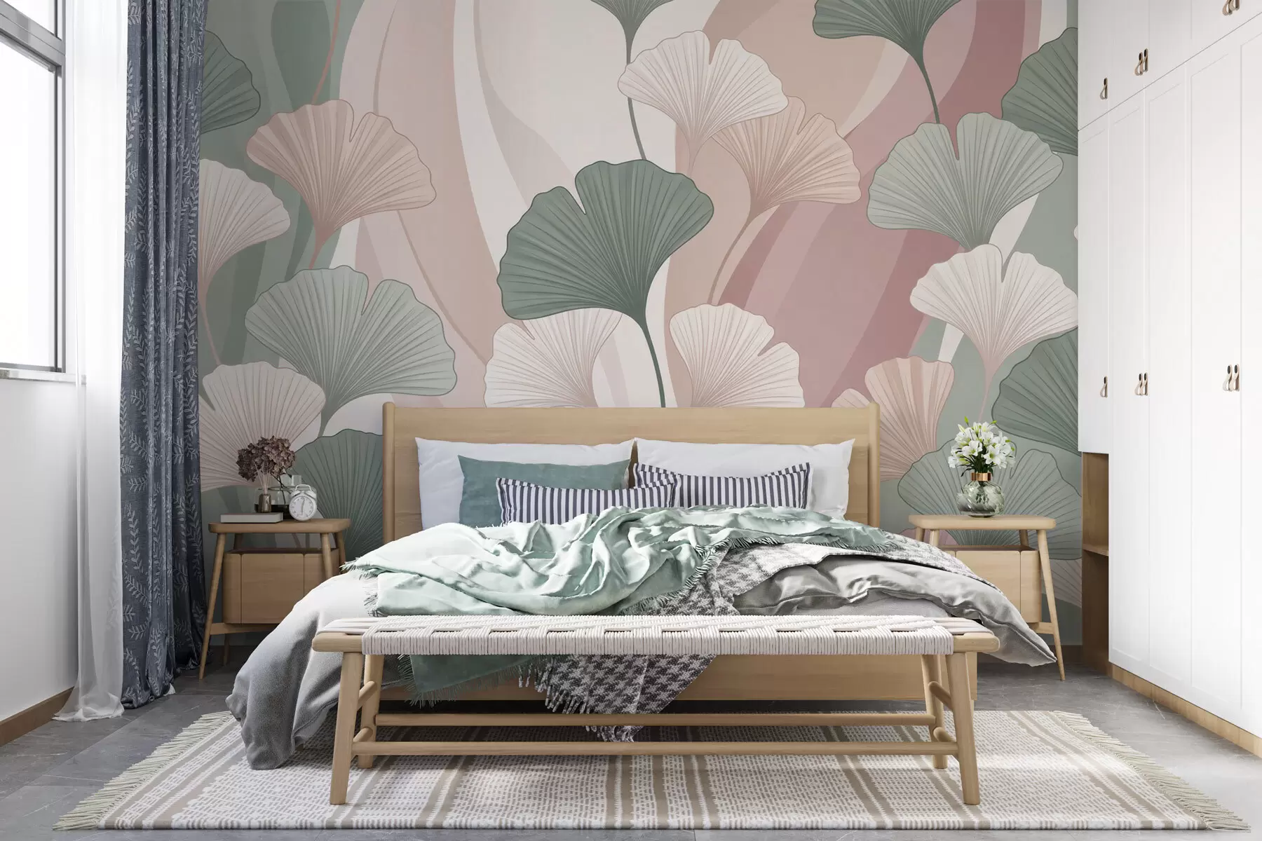 Fotobehang Pastelkleurige ginkgobladeren op een abstracte achtergrond in tinten groen, crème, beige en oudroze w10040