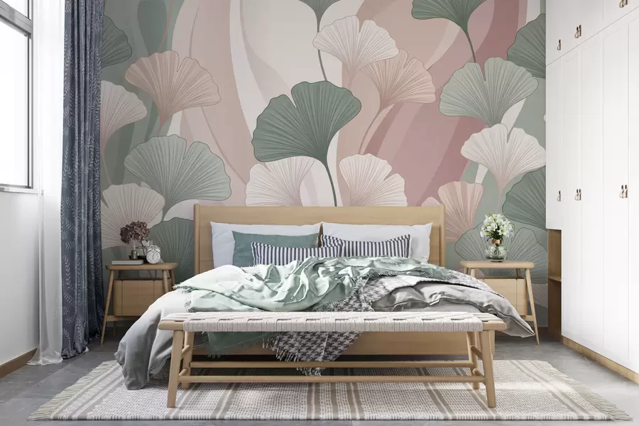 Fotobehang Pastelkleurige ginkgobladeren op een abstracte achtergrond in tinten groen, crème, beige en oudroze w10040