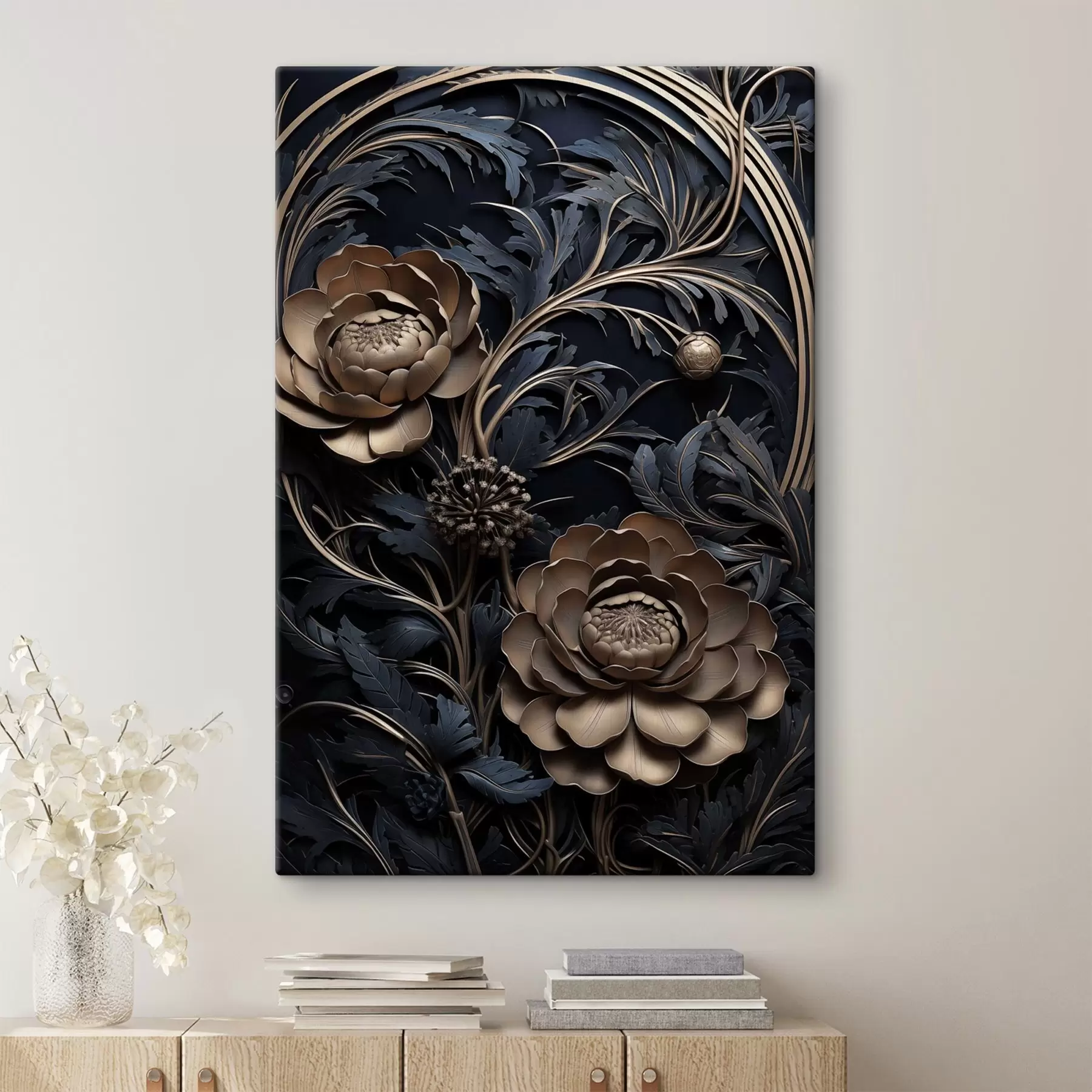  Schilderijen Bronzen bloemen op zwart s50918