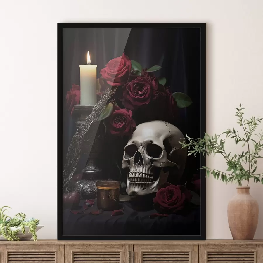 Fotobehang Gotisch stilleven met kaars en schedel f50908