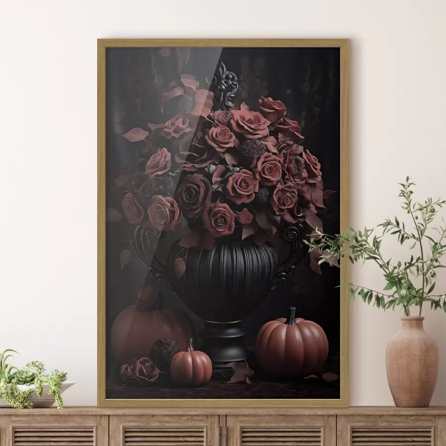 Fotobehang Bordeauxrode rozen en pompoen in een donkere vaas f50913