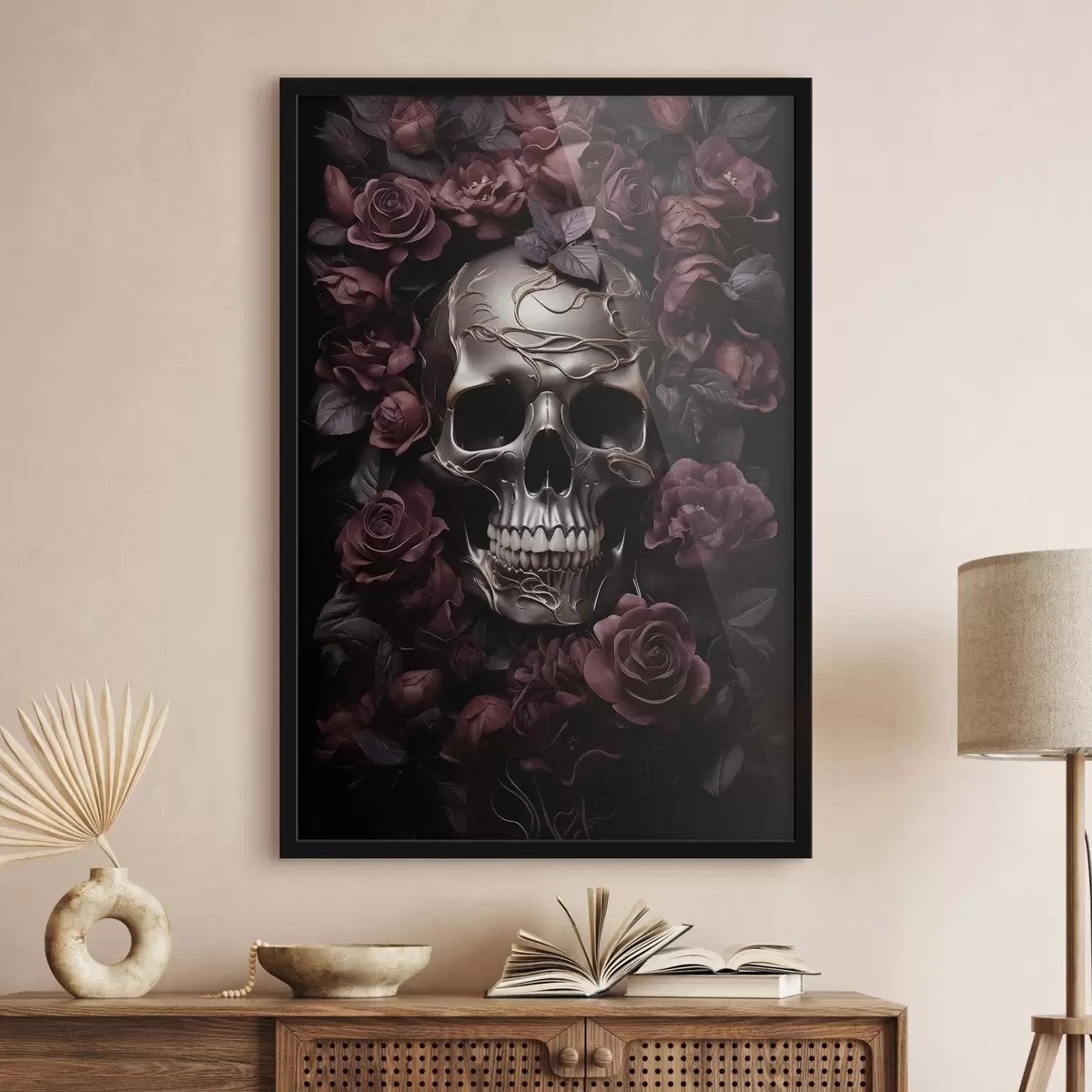 Poster Mysterieus schedelreliëf in Bourgondische rozen f50914
